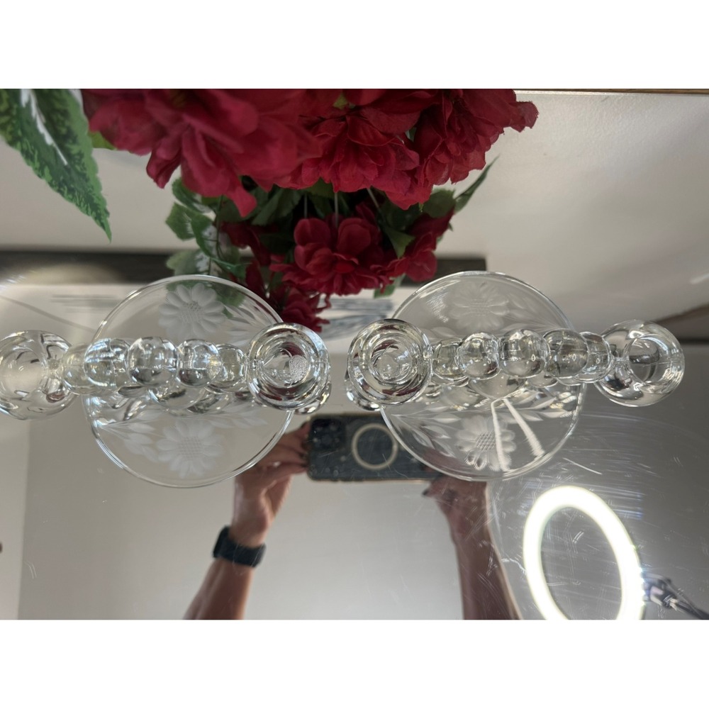Vintage Etched Cornflower Crystal Bubble Loop Candle Holders Likely W.J. Hughes - Picture 6 of 8